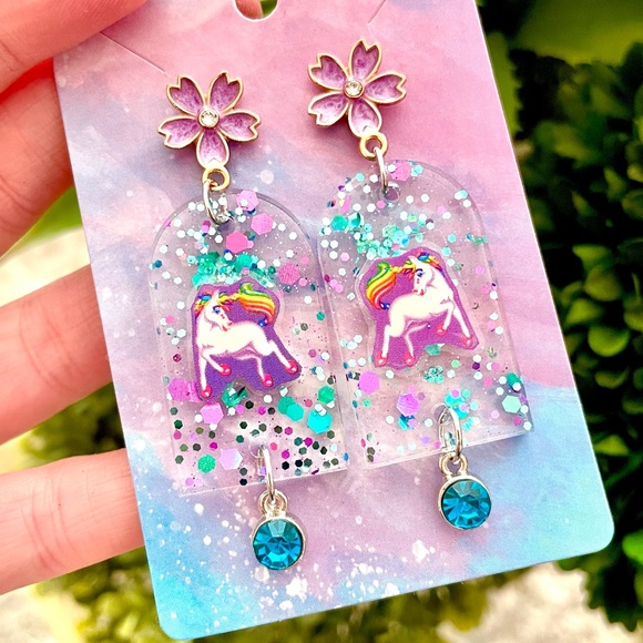 Lisa Frank Rainbow Unicorn Acrylic Earrings - Picture 2 of 5